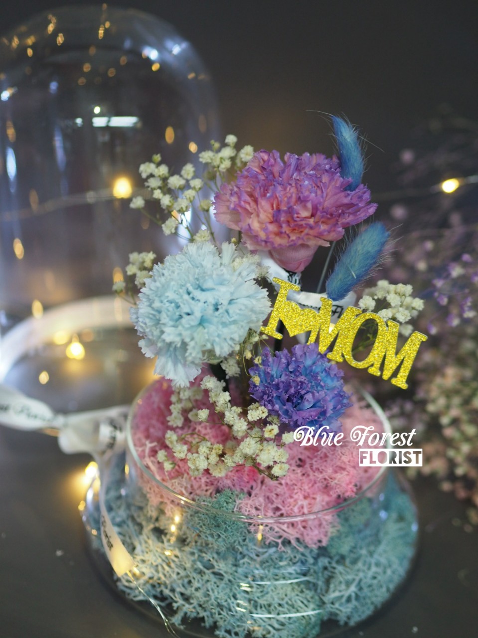 Mother's day 2023精選 *玻璃罩康乃馨保鮮花(漸變紫色/淺藍)*可免費刻上名或祝福字句