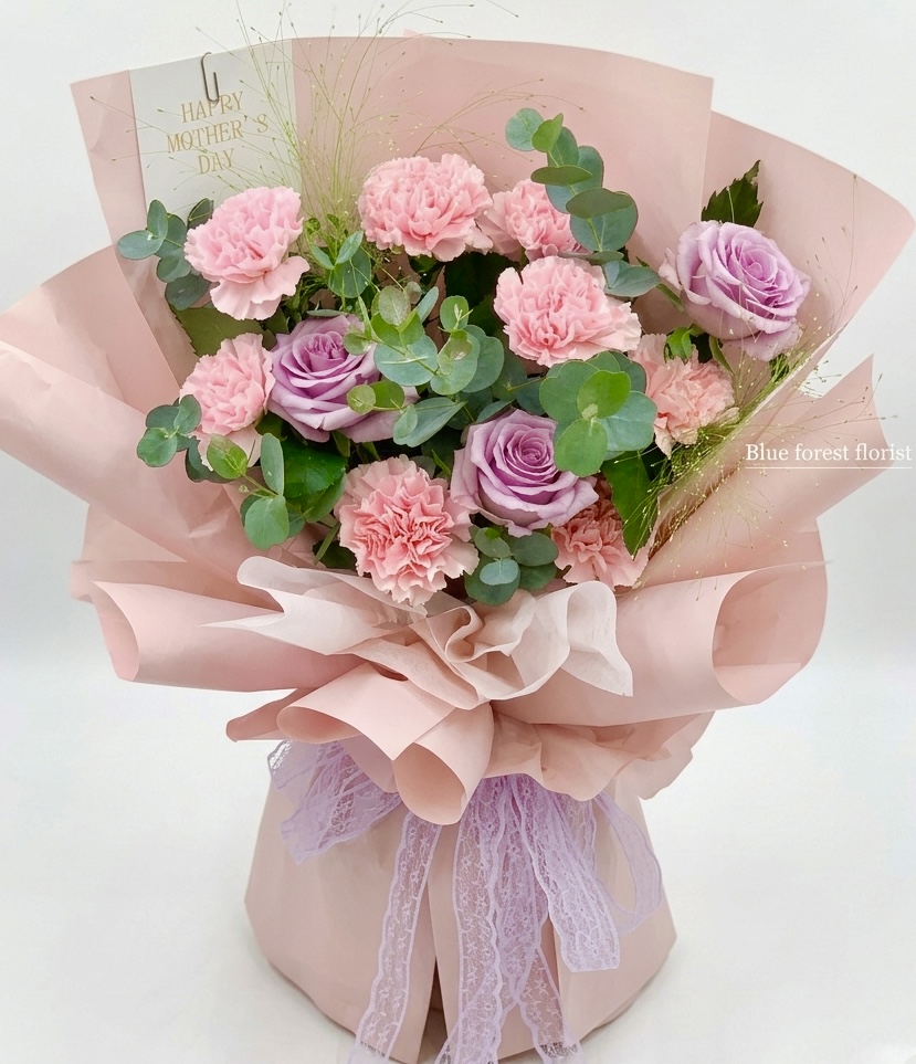 Mother's day精選*12支裝粉紅康乃馨配紫色玫瑰花束